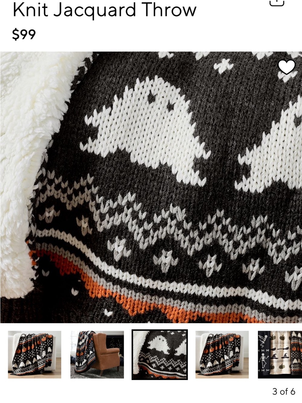 Pottery Barn Gus The Ghost Black, White & Orange Knit Ghost and Pumpkin Throw - Picture 2 of 6